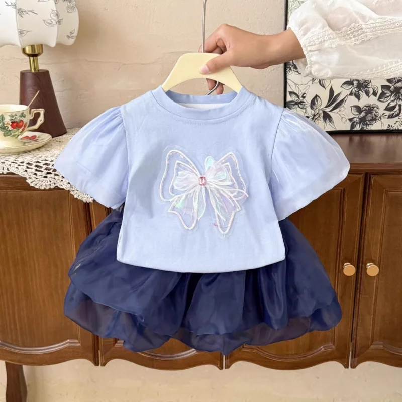 

Girls' Puff Sleeve Top Casual Outfit2026New Summer Styles for Baby GirlsTT-shirt and mesh skirt two-piece set