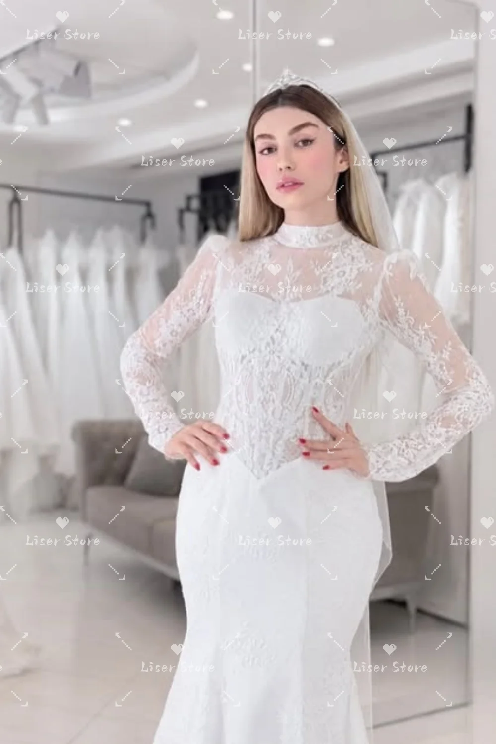 Liser Customize Ivory High Neck Sheer Long Lace Corset Mermaid Wedding Dress Slim Fitted Silhouette Scalloped Sweep Train 2026