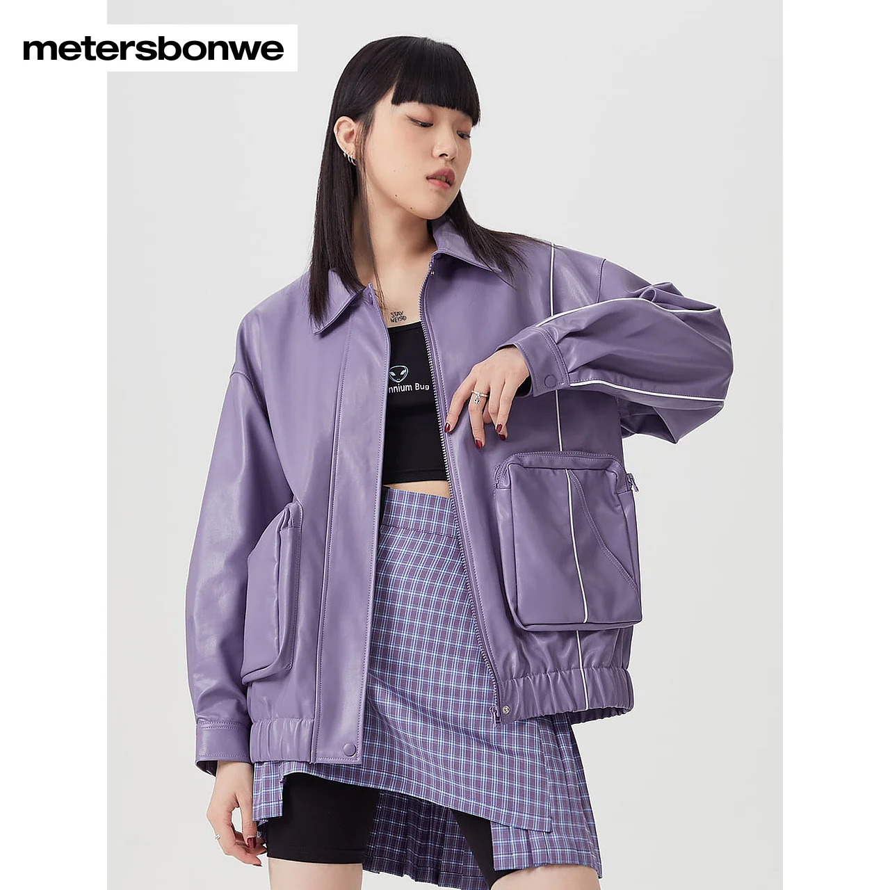 Metersbonwe-Women\'s PU Jacket Stylish Lapel Silhouette Coat Vintage Female Chic Lady Spring And Autumn