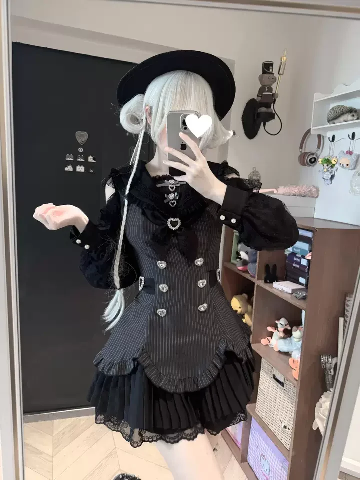Sweet Lolita Japan Vintage Dress Women Bow Lace Trim Sailor Collar Rhinestone Long Sleeve Slim Fit Mini Dress Tea Party Outfit
