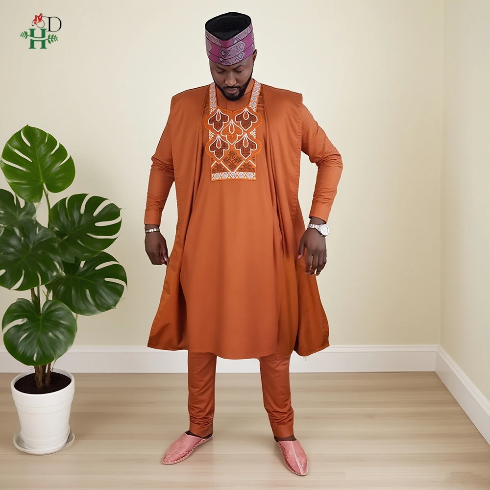 

2025 африканский Boubou, мужские костюмы Agbada, комплект из 3 предметов, оранжевый дашики, мужская рубашка, брюки, костюм, одежда с вышивкой, свадебные топы, комплект брюк