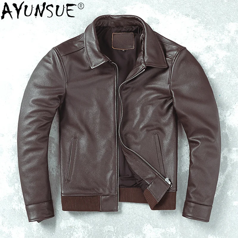 

Genuine Leather Jacket Men Vintage Natural Cowskin Coat Spring Autumn Mens Casual Jackets Brown Chaquetas Hombre