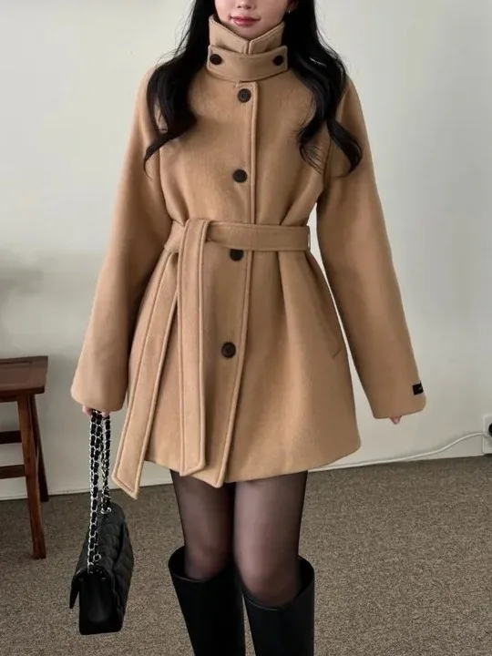 

Теплое свободное шерстяное пальто с высоким воротником и одной пуговицей на талии, женское зимнее твидовое пальто Long Sve средней длины