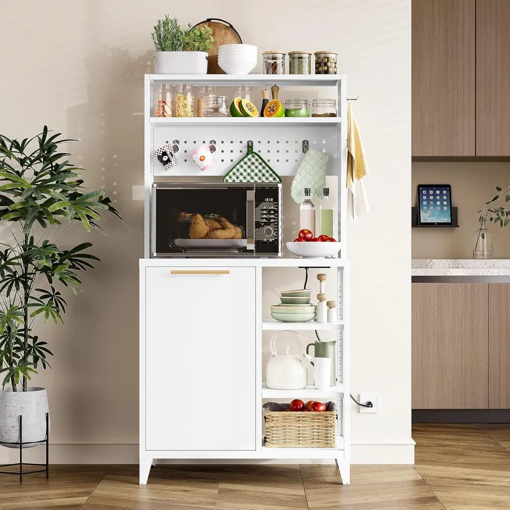 

Baker's Rack with Trash Can Bin Cabinet and Power Outlet,63" Microwave Stand Cabinet with 6 Hooks, 6 Tier Kitchen, Customized