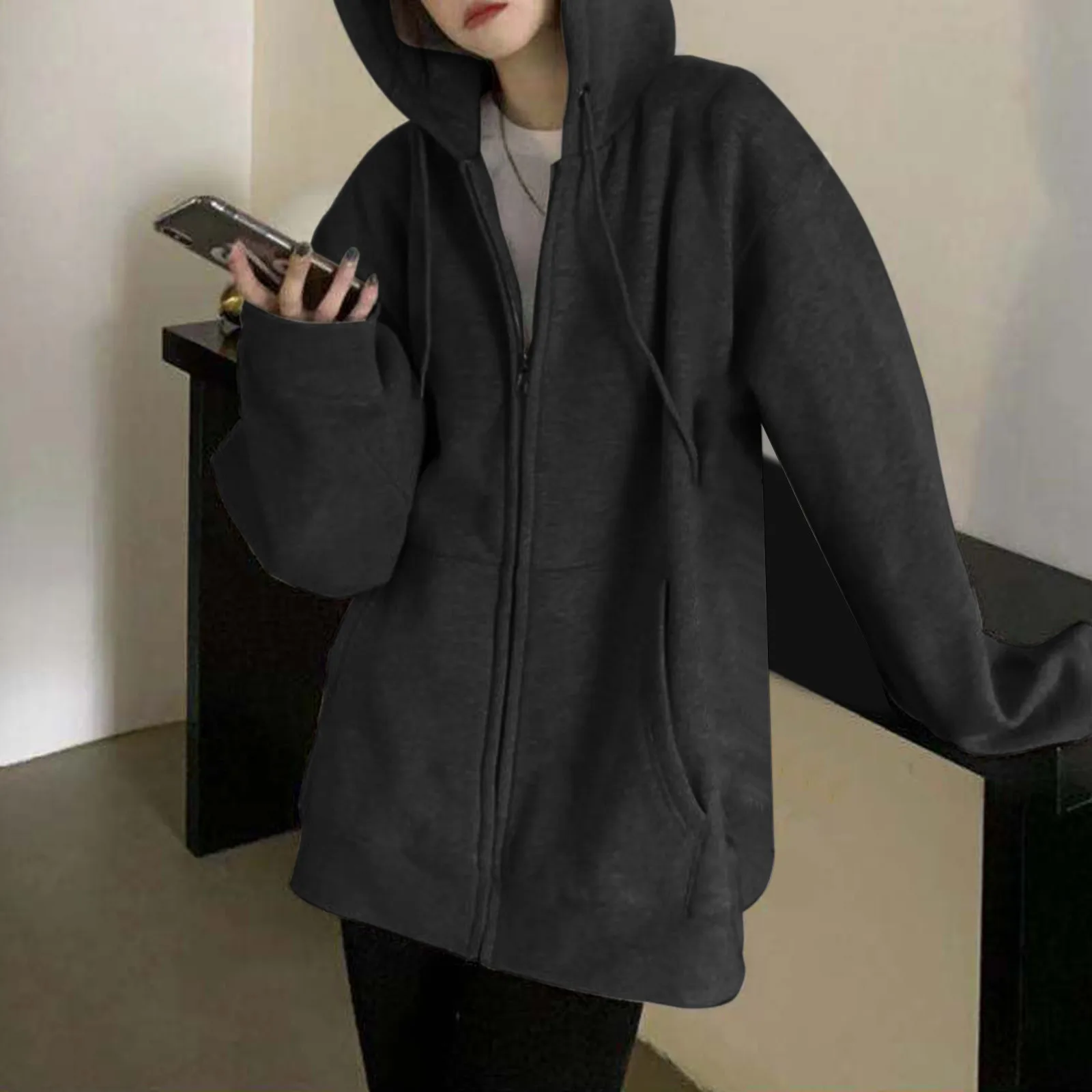 Gothic Zip Up Hoodies Women Hooded Sweatshirts With Zipper Jacket Retro Harajuku Hip Hop Jacket Y2k Loose Hoodies Oversized Coat