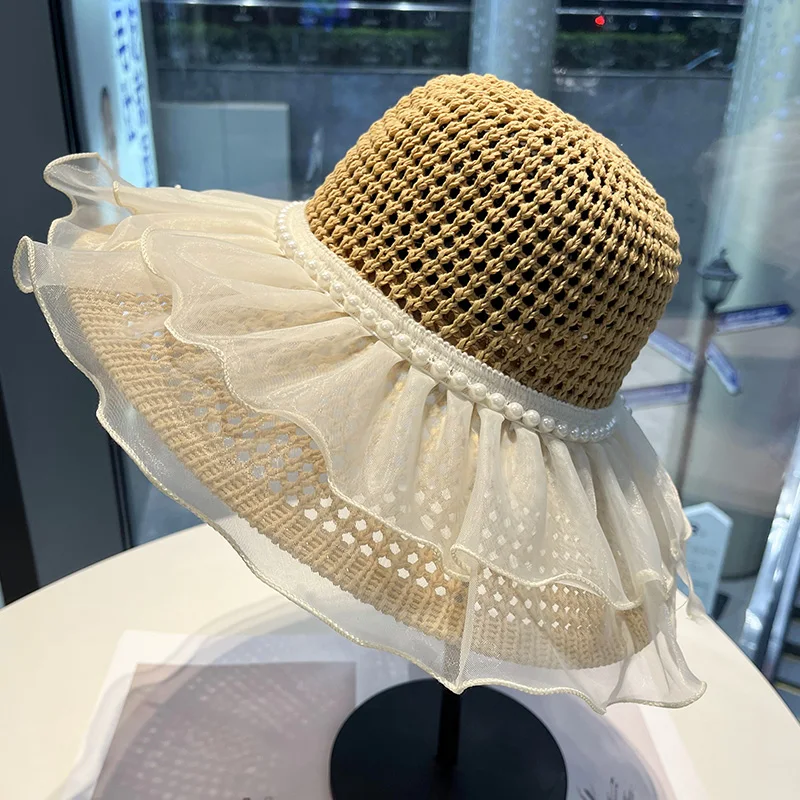 

Дышащая шляпа с жемчужной кружевной отделкой, элегантная повседневная модная шляпа с защитой от ультрафиолета для пляжного отдыха, легкий воздушный дизайн