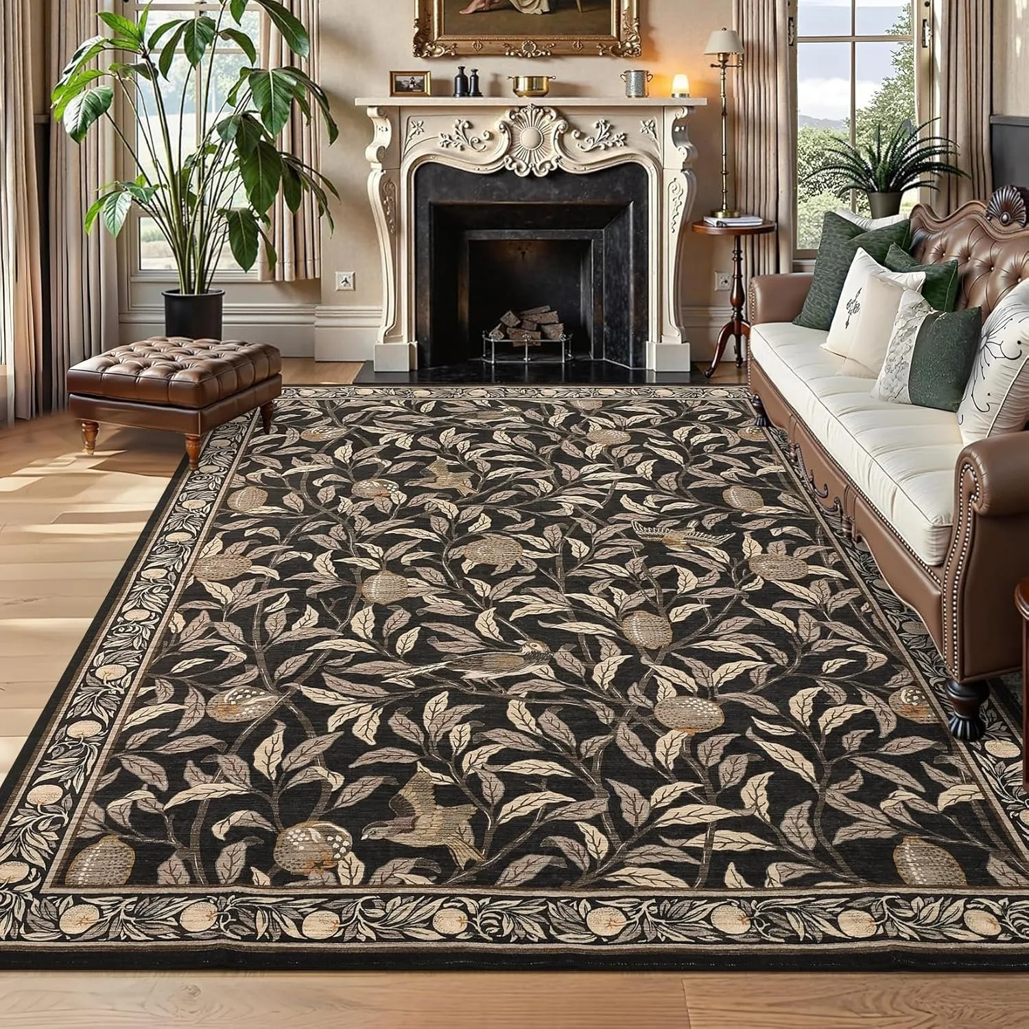 

Living Room Carpet Large Size Bedroom Bedside Floor Mat Black Floral Print Design Machine Washable Non-slip Rug Home Decor Rugs