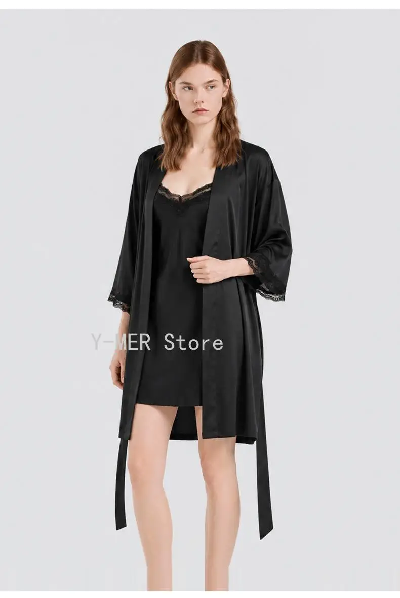 Lace Spliced Satin Chiffon Sleep Robe, Elegant Luxury Spring Autumn Women Long Sleeve Robe, Soft Flowy Home Loungewear Bathrobe