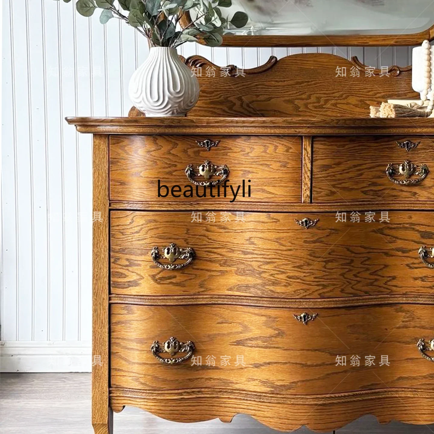 

A57 French retro solid wood dresser ash wood old makeup table bedroom with makeup mirror locker