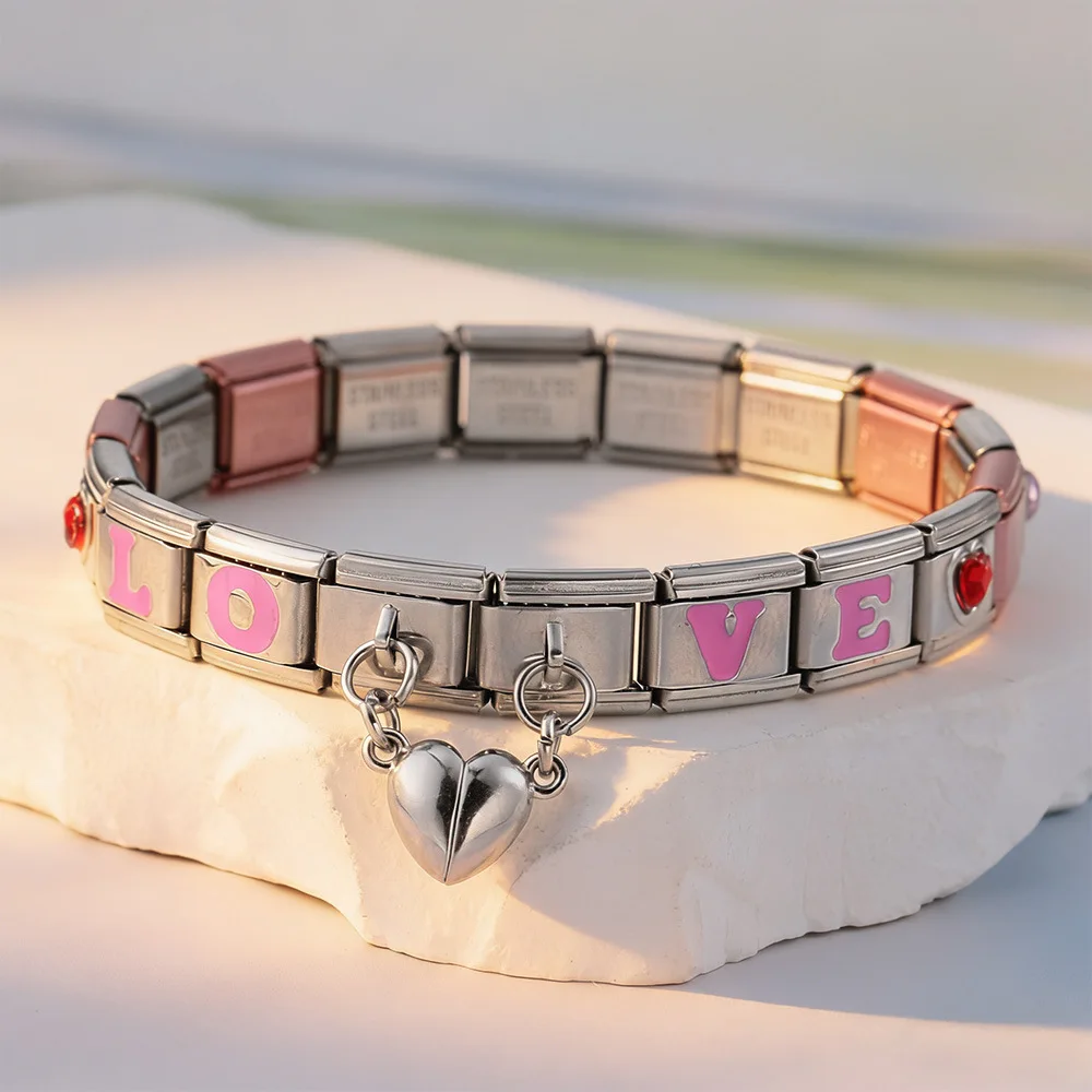 

18pcs Love Element Italian Charm Bracelet Set Stainless Steel Module Watchband Chain DIY Making Jewelry Hand Accessory Wholesale