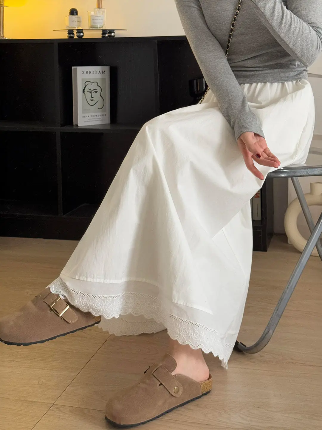 

Белая юбка миди с кружевной отделкой, женская, с высокой талией, свободного кроя, стройнящая, А-силуэт, летняя новинка, большие размеры, модные женские юбки