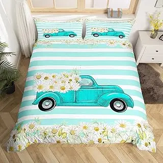 

Daisy Flowers Truck Duvet Cover Set Queen Size Black White Geometric Grid Bedding Set for Kids Girls Teens Boys Room Decor Soft