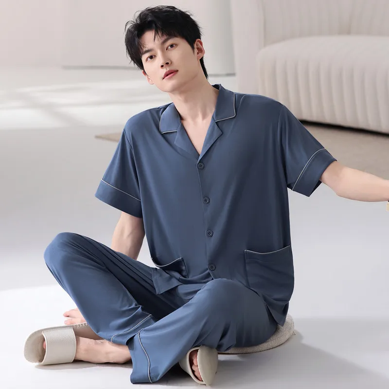 

Korean New Arrival Men's Modal Pajama Set 2 Piece Short Sleeve Cardigan Long Trousers Summer Breathable Sleepwear Hombre Pijamas