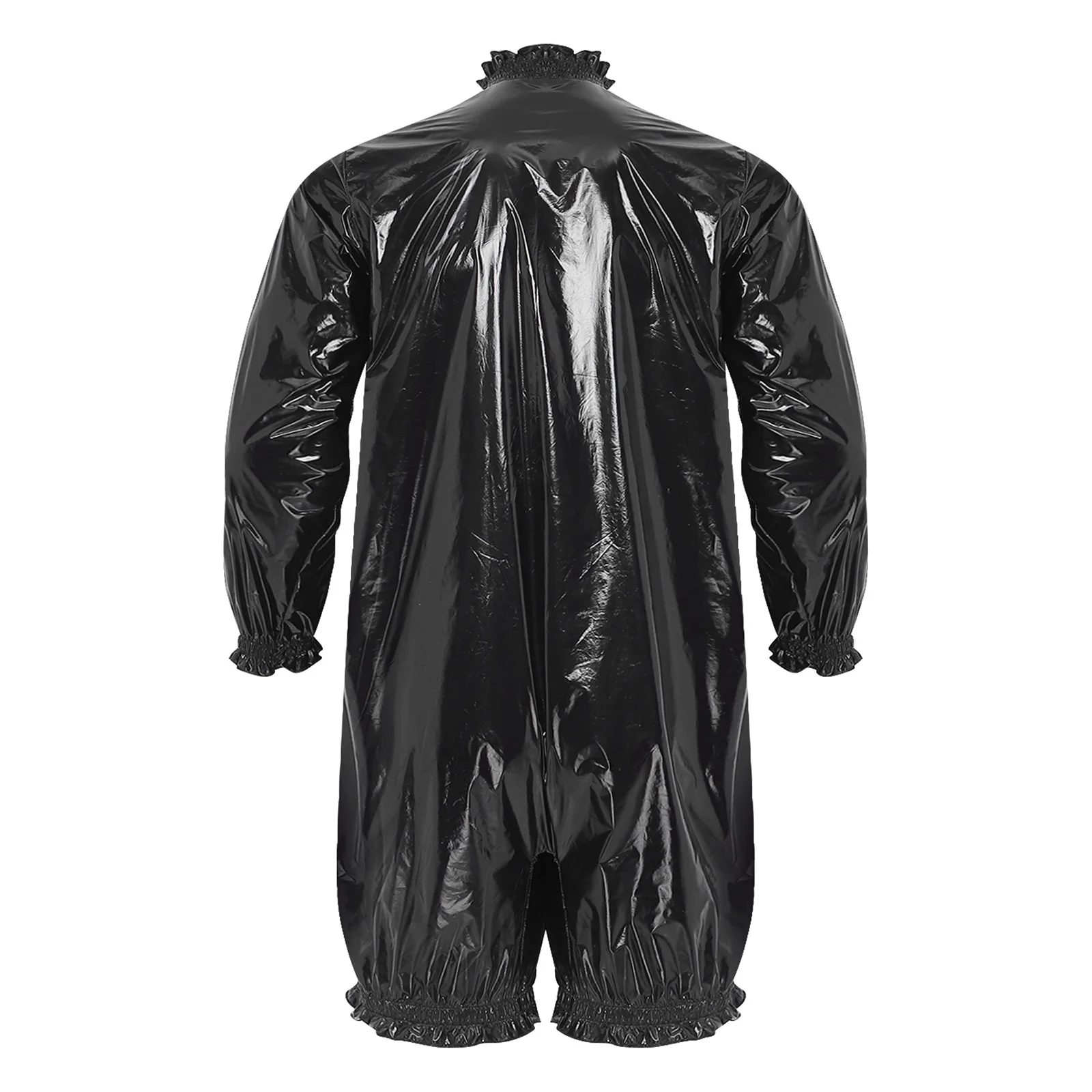 Male Mens Waterproof Vinyl Bodysuit Mock Neck Long Sleeve Front Zipper Short Bottoms Leotard for Rave Party Nightclub Dance Show