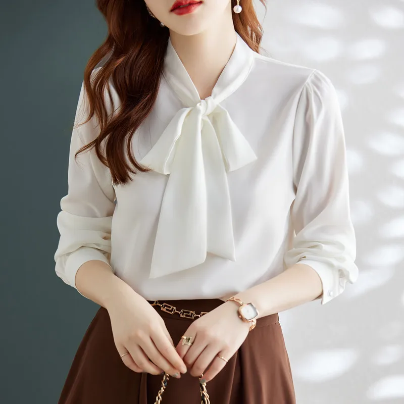 Bow Tie Long Sleeve Shirt Women New Fashion Temperament Design Autumn Professional Acetata Satin Blouses Office Ladies Work Tops