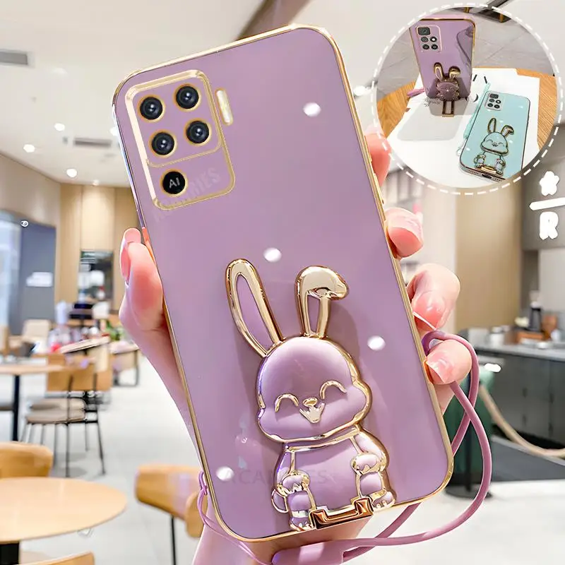 Reno5lite Plating Rabbit Holder Lanyard Case For Oppo Reno 5 6 7 Reno5 Lite A54 A16 A55 A57 4g 5g A94 A78 Silicone Stand Cover