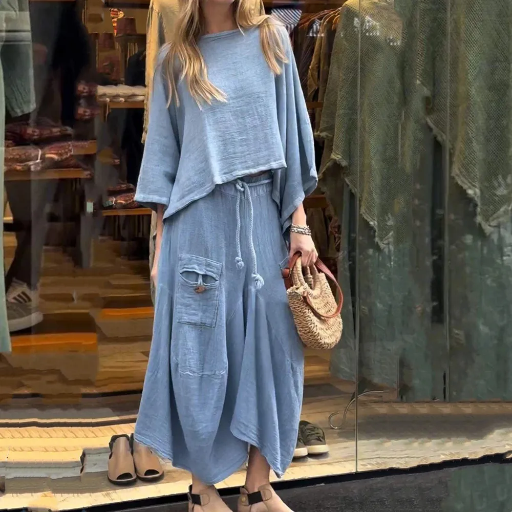 

Осень 2023, женская хлопково-льняная блузка, свободная юбка, комплект из двух предметов, однотонный топ с нерегулярной талией и карманами, комплект с юбкой, костюмы