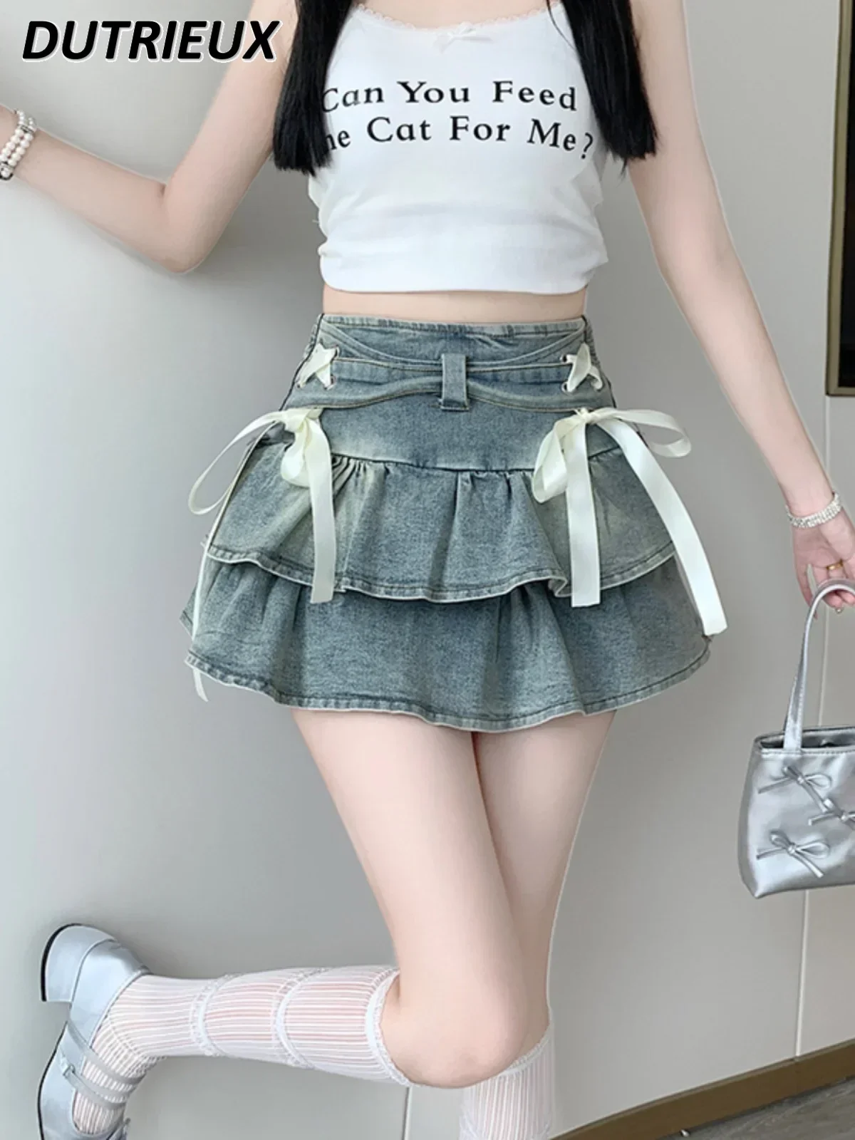 

Hot Girl Anti-Emptied Pantskirt Ruffled Denim Short Skirt Female Summer New All-matching High Waist Sweet Cake Mini Skirts