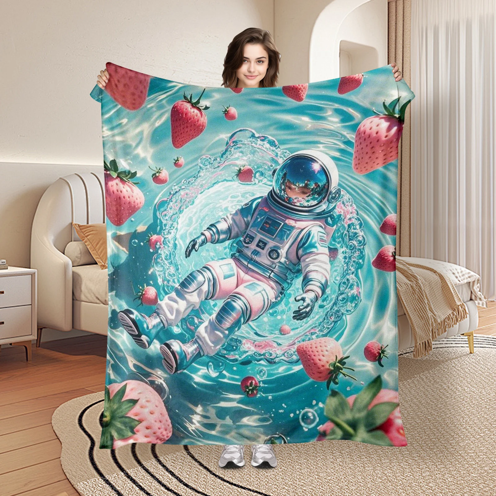 Astronaut Strawberry Turquoise Pool Fantasy Blanket For Dreamy Room Decor With A Unique And Playful Aesthetic Design