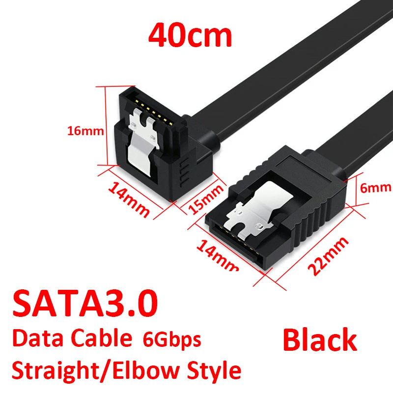 1pcs 40CM SATA Data Cable 90 Degree Right Angle SATA 3.0 6Gbps Cable Black with Locking SATA Cable For HDD SSD CD DVD Drives