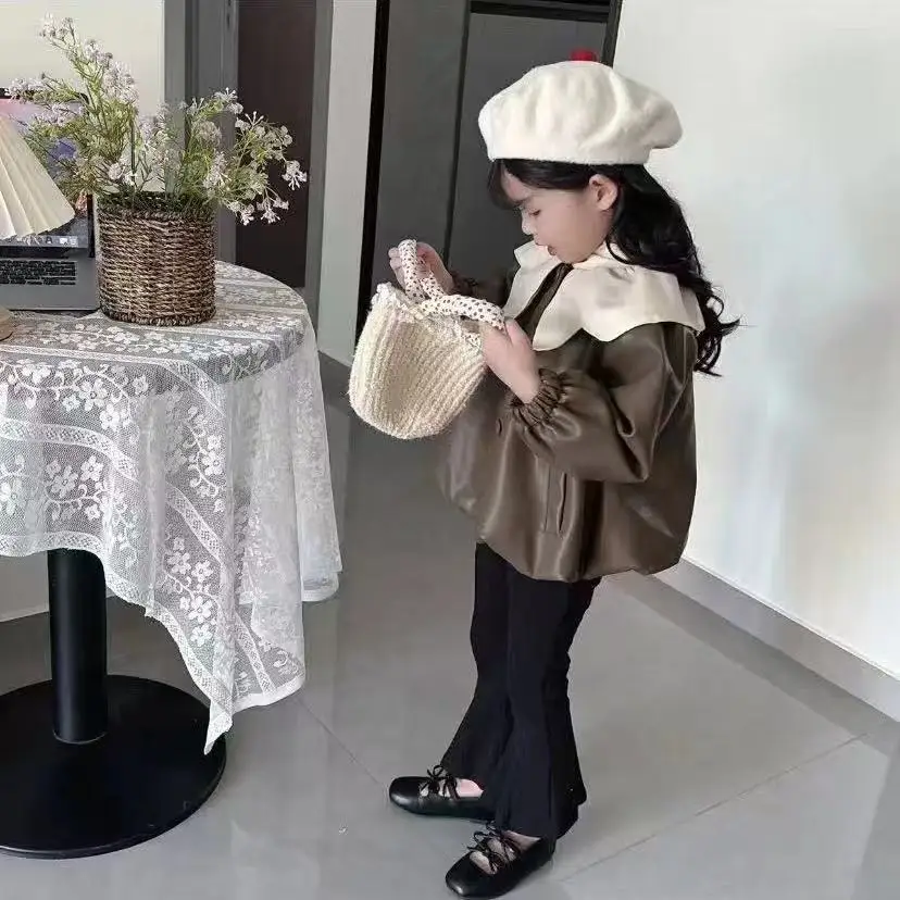 Jaket PU Anak Perempuan Musim Semi dan Gugur 2025 Model Baru Mantel Kulit Kerah Anak-anak Pakaian Luar Anak Usia 2-7 Tahun
