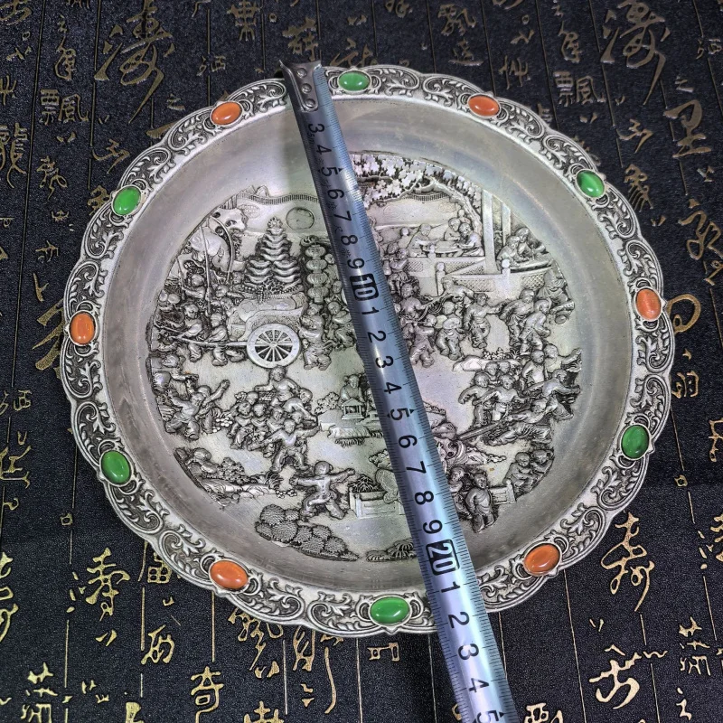 Antique Craft Patina Pure Copper Silver Plated Qianlong Imperial Hundred Sons Plate House-Guarding Craft Ornament Collectible