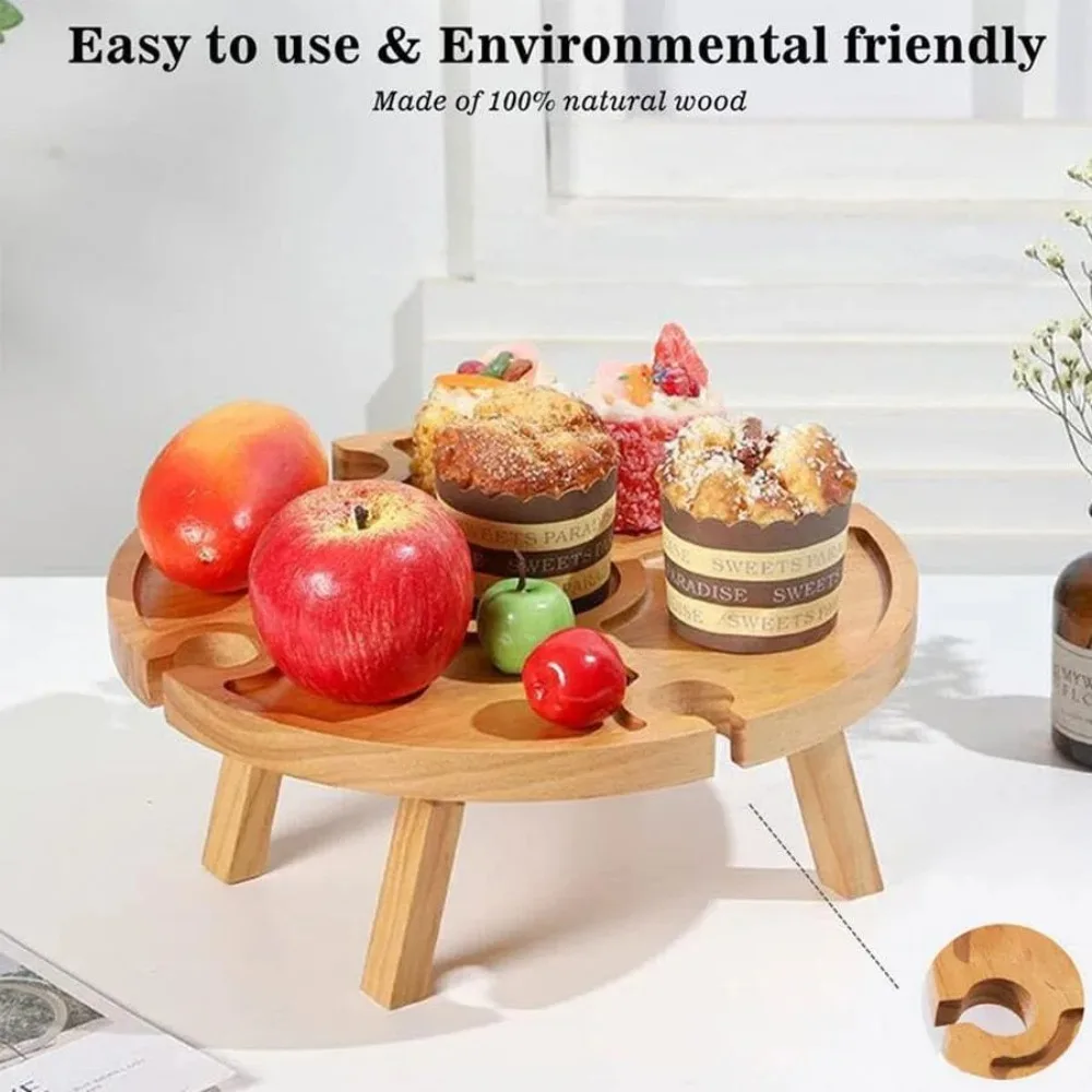 Wooden Folding Picnic Table Round Foldable Desk Wine Glass Rack Portable Leisure Time Snack Table Nut Fruit Plate Outdoor Camp