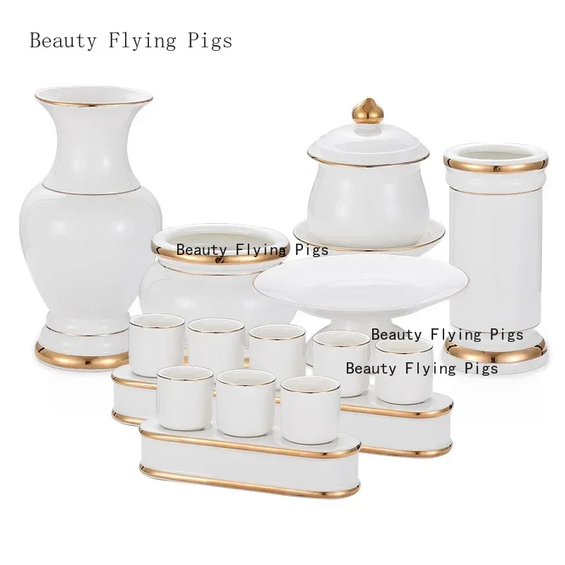 Ceramic golden incense burner, Buddhist temple, holy water cup, fruit plate, vase, offering Buddhist supplies feng shui