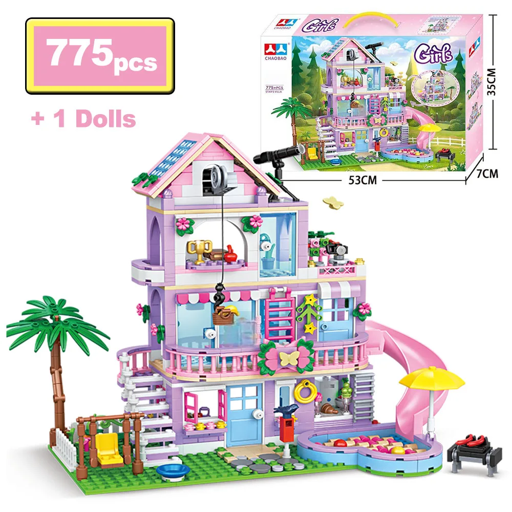 City Friends Girl's Villa Building Blocks MOC Three-Story Building Coconut Tree Slide Houses Figures Bricks Toys for Kids Gifts
