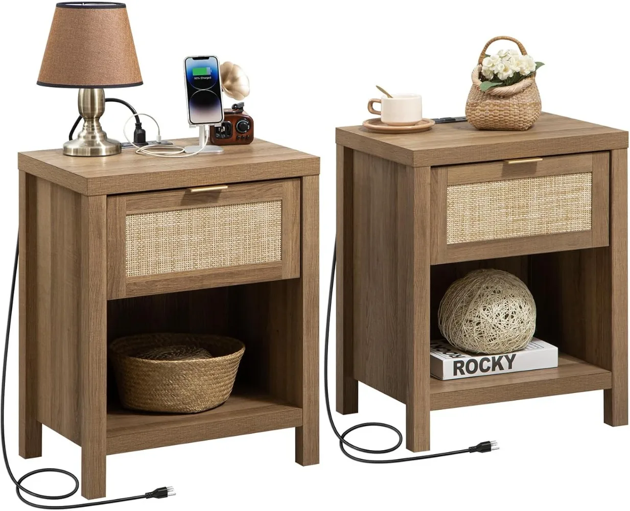 SICOTAS Rattan Nightstand Set of 2, Farmhouse Night Stands with Charging Station Bedside Table with Drawer, Boho End Table