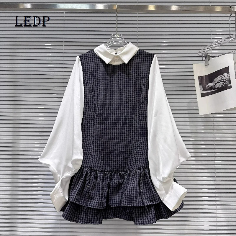 

2026 Spring College Style Women's Clothing Original Design Dark Blue Plaid Splicing Fake Two-piece Long-sleeved Dresses Ladies