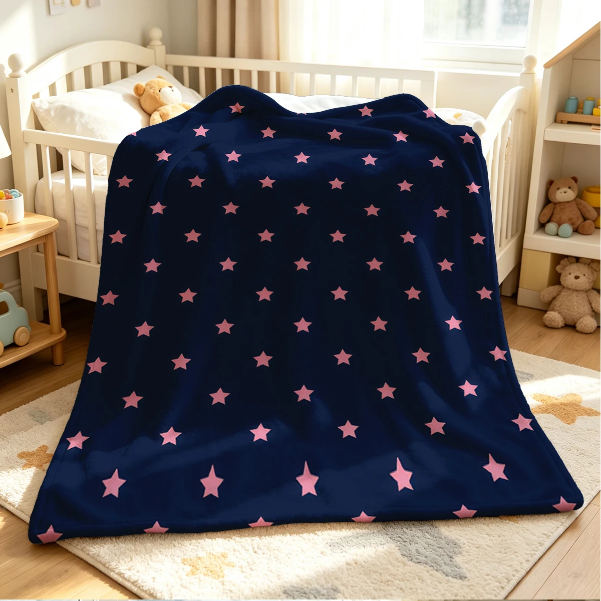 Navy Starfall Flannel Blanket Warm Soft Halloween Christmas Couch Warm Cozy Decorative Decor Gift for All Season