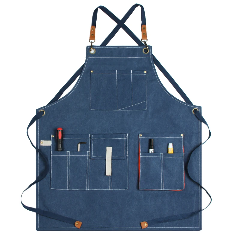 Canvas Work Apron Cooking Kitchen Aprons with Tool Adjustable Straps Pockets for Men Woman Chef Waiter BBQ Hairdresser