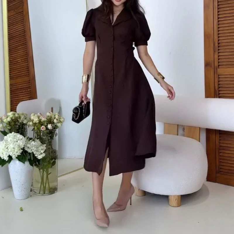 Elegant Button V-neck Commute A-Line Dress Casual Lantern Sleeve Solid Party Dress Women Fashion Hight Waist Swing Long Dresses