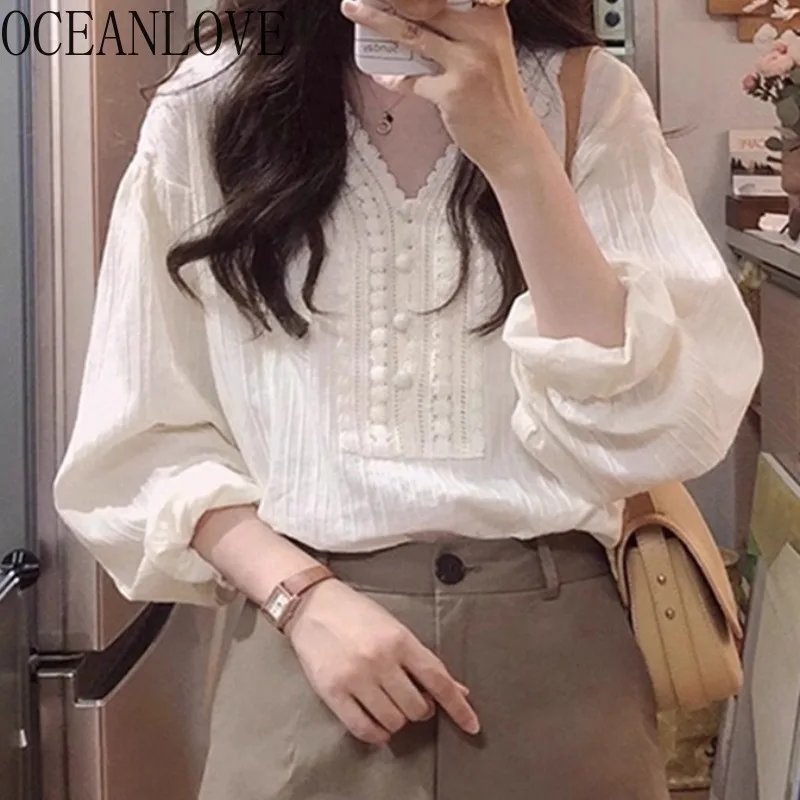 

OCEANLOVE Shirts&blouses Women Tops Solid V Neck Korean Fashion Lace Blusas Mujer Spring Autumn Chic Sweet Retro Camisas