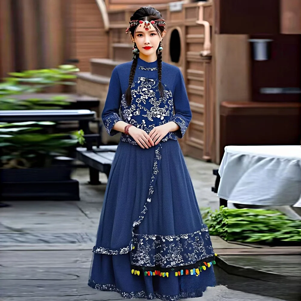 

Blue Porcelain Print Cotton Linen Skirt Set Vintage Style Original Seven Sleeve Ethnic March Three Traditional Chinese Clothing