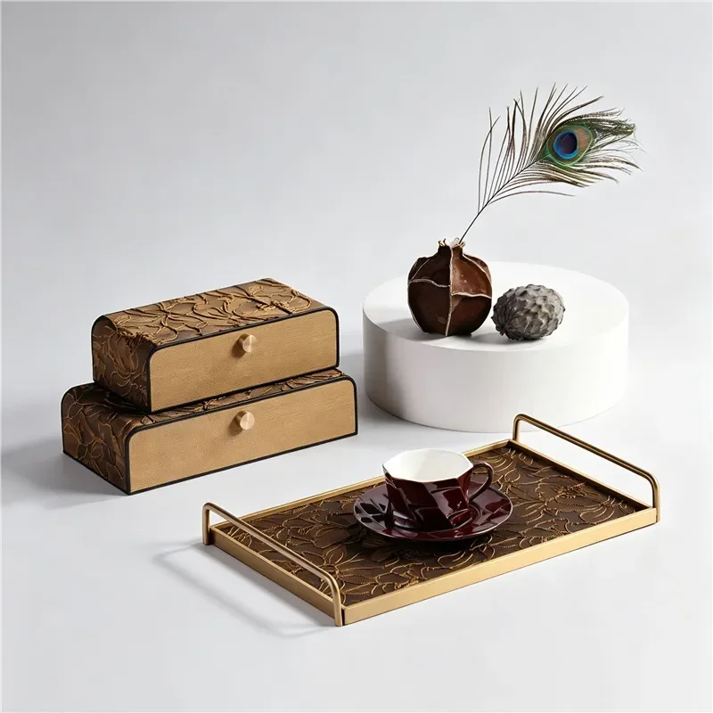 Retro Wooden Jewelry Box with Brown Leather Finish and Metal Tray Elegant Storage Organizer for Bedroom Dresser Decoration