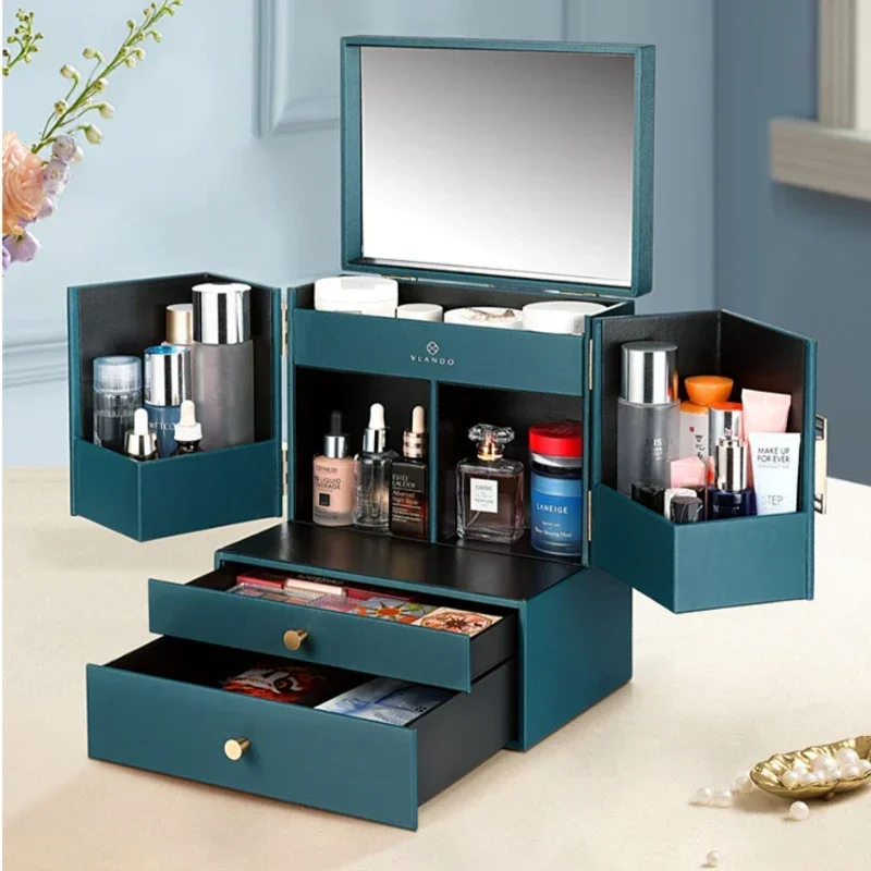 Elegant Jewelry Storage Box with Makeup Mirror, European Style, Multi Layer, Wooden Cosmetic Organizer, Vanity Essentials