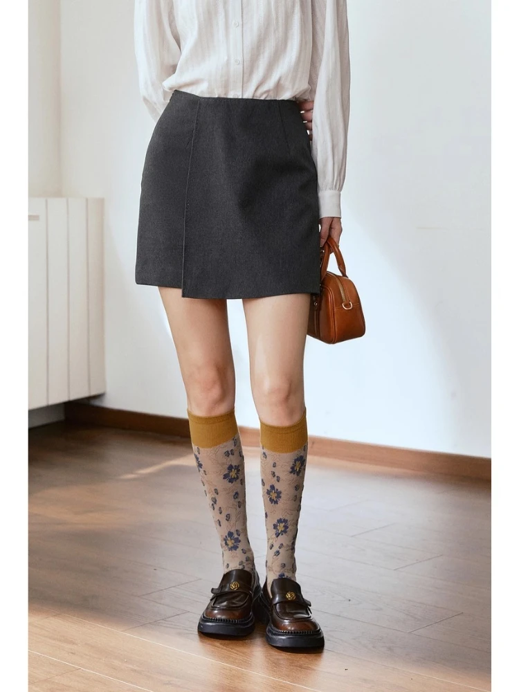 

OLrain Grey French Skirt Women's A-Line Asymmetric Front Panels Seamless High Waistband Skirt 2025 Autumn Bottom O57QB000506