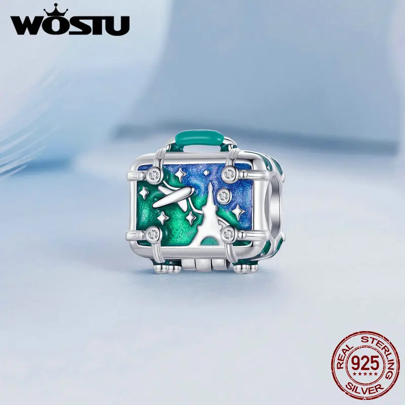 WOSTU 925 Sterling Silver Openable Suitcase Charm Travel Memory Fit Original Bracelet Necklace for Women DIY Fine Jewelry