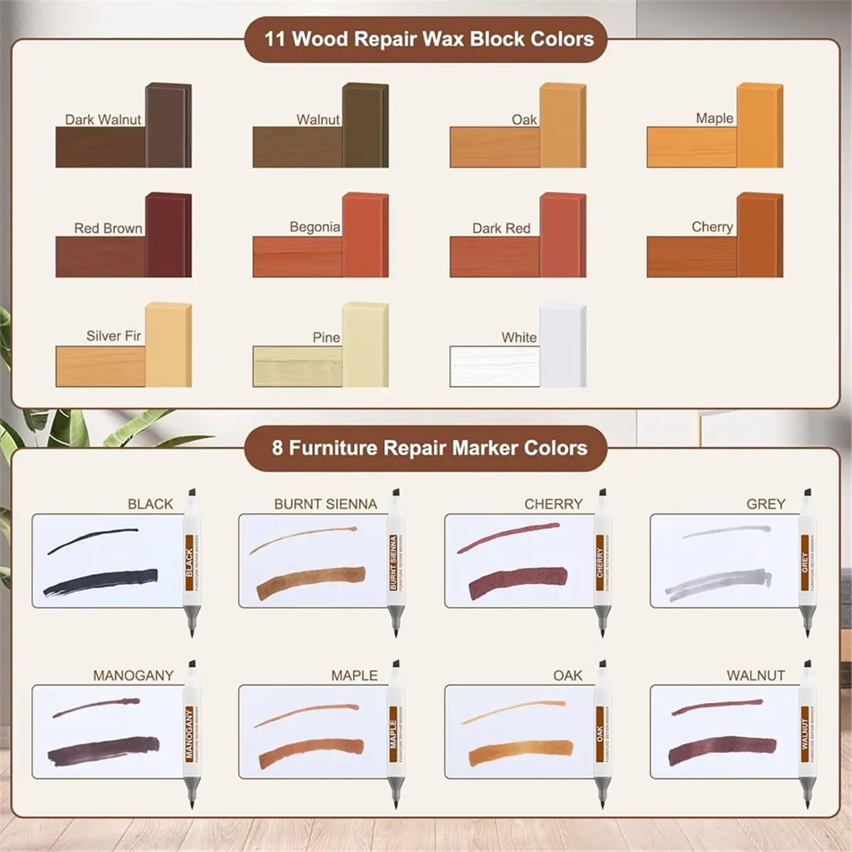 Eco-friendly Vinyl Floor Repair Kit with Upgraded Heat Pen,11 Colors Hardwood Wax 8 Colors Dual Tip Furniture Touch Up Markers