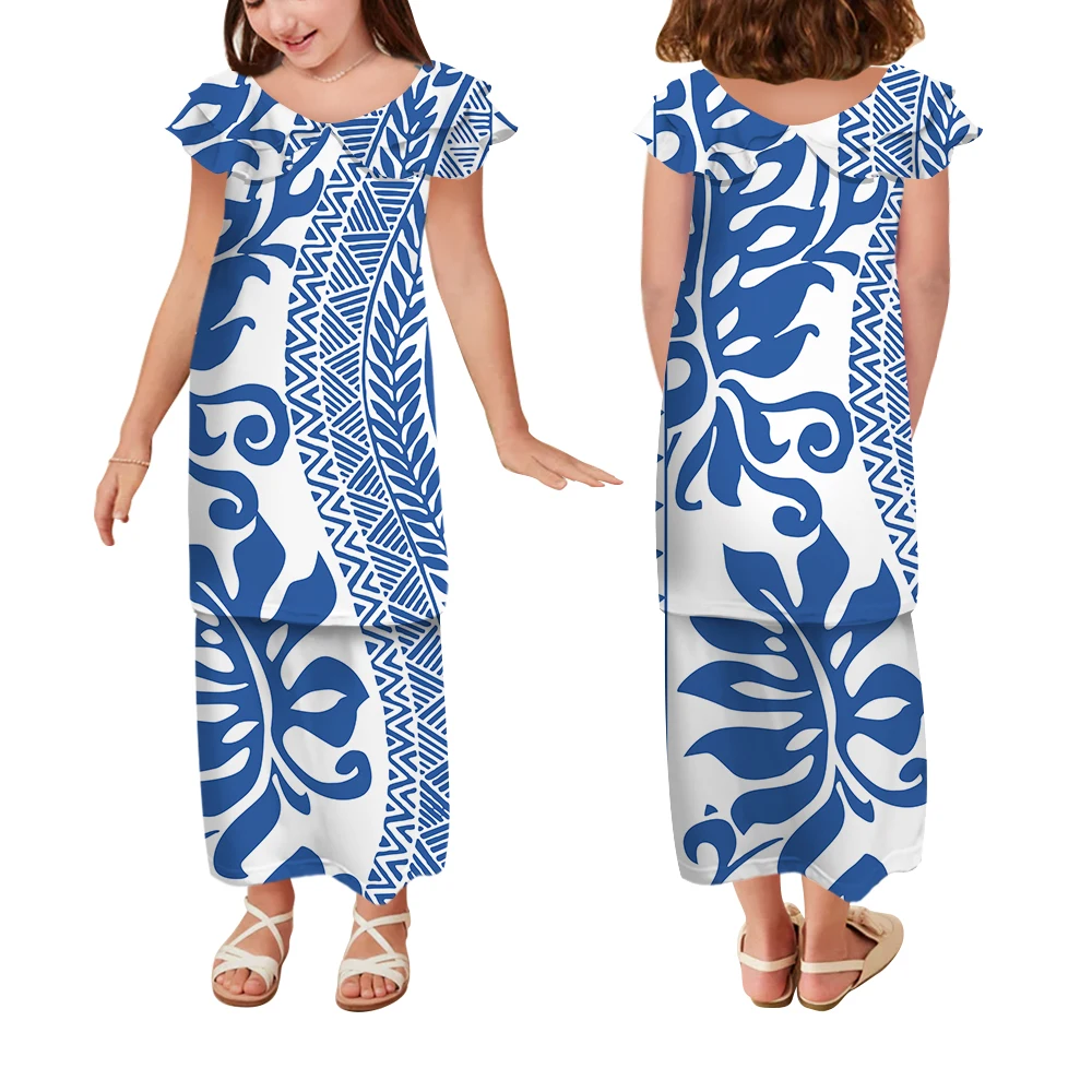 

Polynesian Tribal Print Custom Dress Girls Long Dress Puletasi Double Suit Long Dress Casual Lotus Sleeves Loose Group