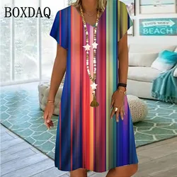 Colorful Striped Print Dresses For Women 2023 New Spring Summer Short Sleeve Loose Dress Casual V-Neck Ladies Oversized Clothing