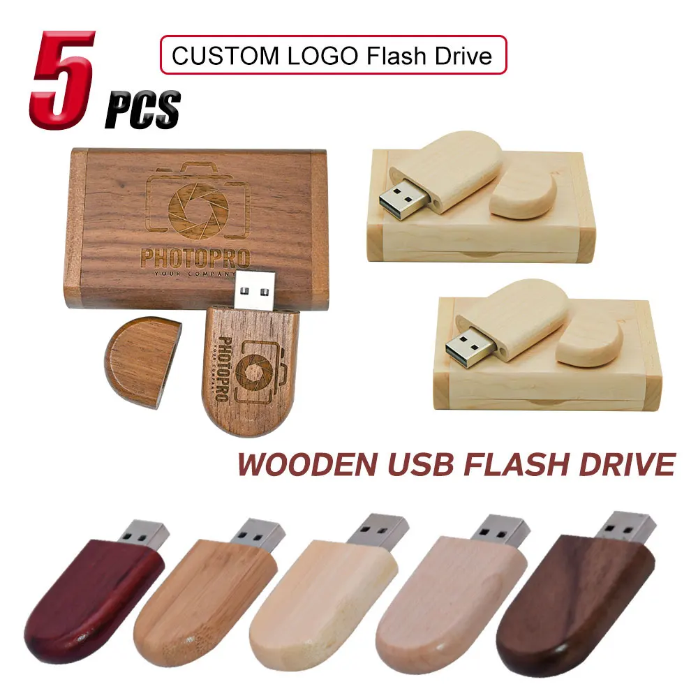 5 PCS/LOT USB Flash Drive Wooden Box Pen Drive Wood USB2.0 Free Custom Logo 32GB 64GB Memory Stick for Gift 4GB 8GB 16GB