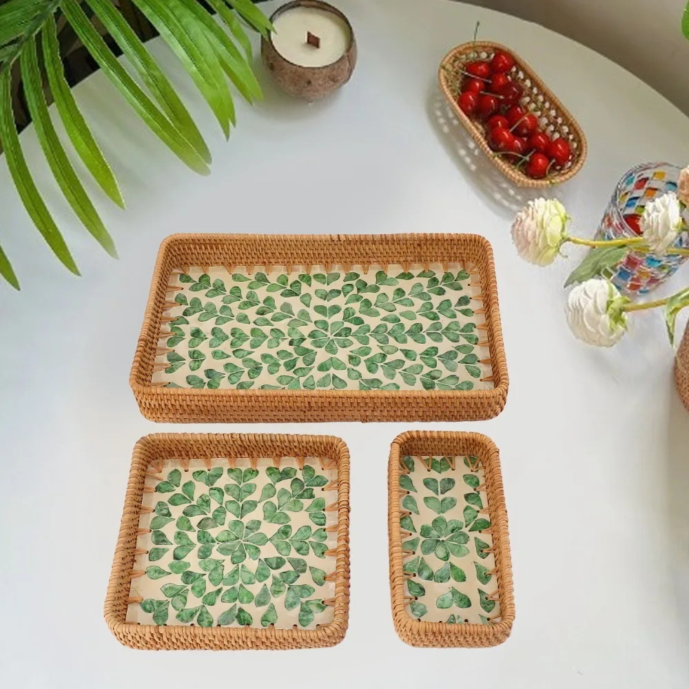 3Pcs Plant fiber Serving Tray Woven Texture Breathable Structure Storage Basket Sturdy Flat Tray Catchall Organizer