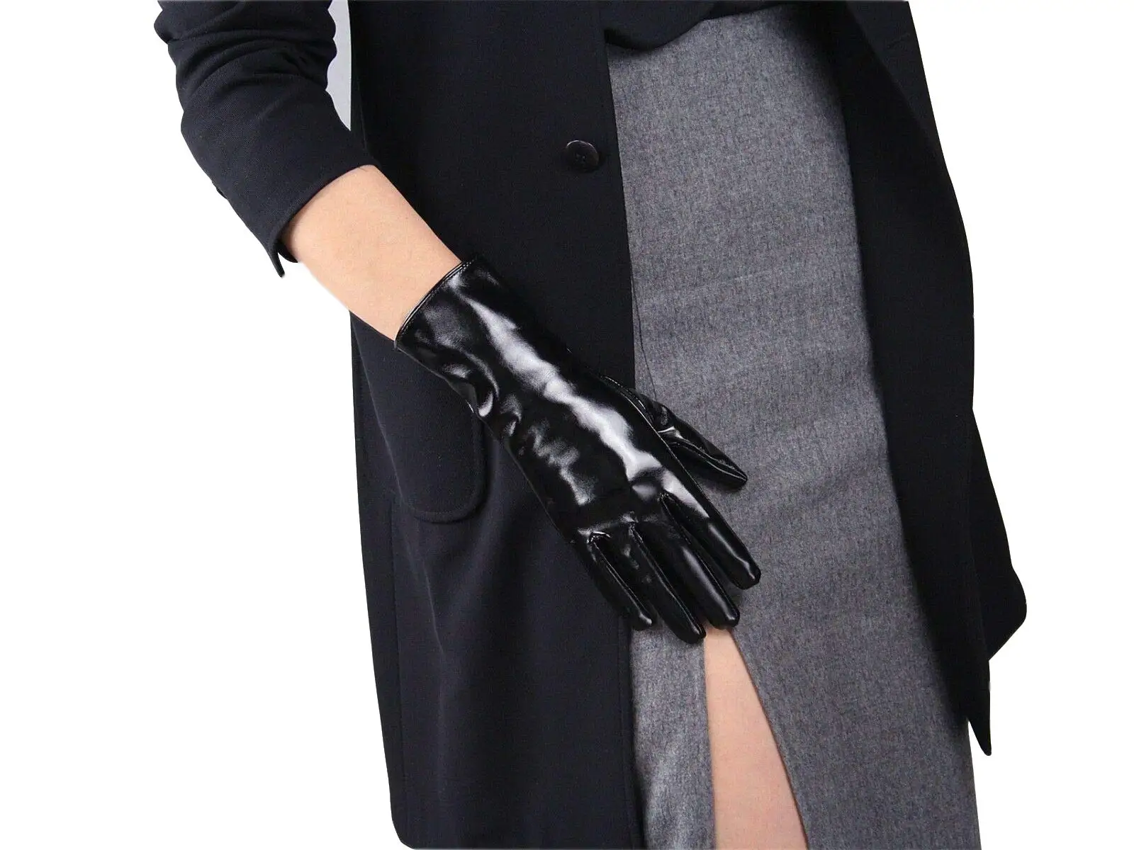 DooWay Black Latex Gloves Faux Leather Sheepskin Oil Glossy Shiny Wet Look 28cm Wrist Long Winter Warm Driving Club Party Gloves