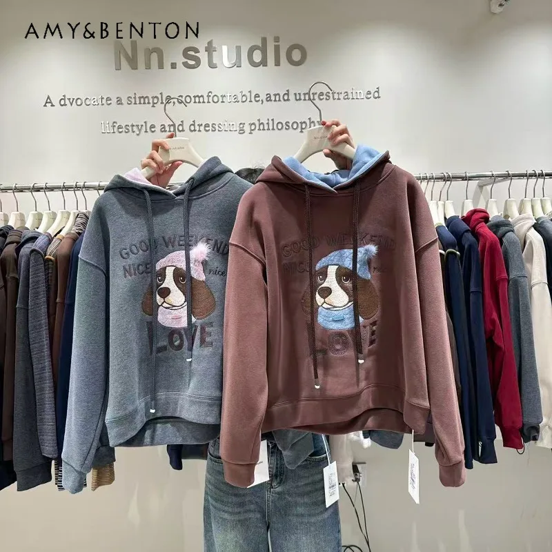 

Winter Long-sleeves Fleece Sweatshirt For Women's 2025 New European Style Heavy Embroidery Cartoon Casual Loose Hooded Jacket