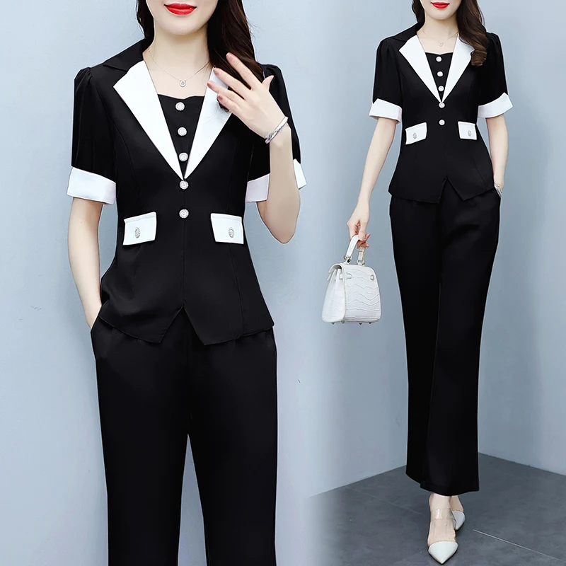 

Goddess fan temperament suit collar two-piece female 2023summer new fashion show thin short-sleeved suit Large M-5XL traf blazer