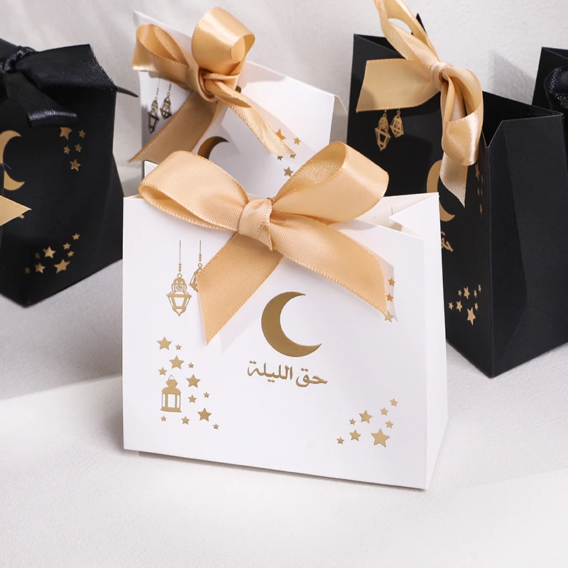 

10pcs Eid Mubarak Candy Box With Bow Ribbon Ramadan Kareem Cookie Snack Packaging Box Party Favors Muslim Islamic Decor Supplies