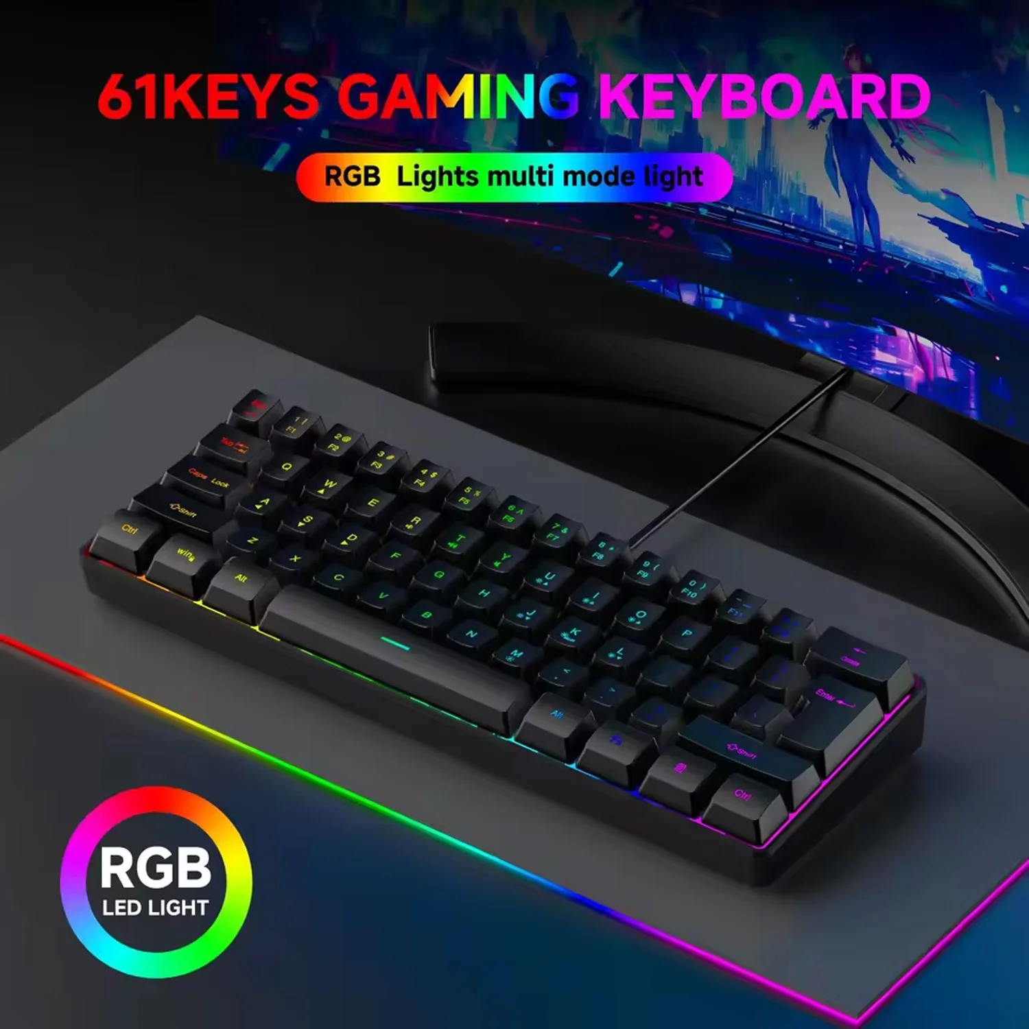 

61 Key Wired Keyboard Mechanical Feel 61 Keys Usb Wired Gaming RGB Backlit Keyboard PC Gamer Accessories For Games and Office